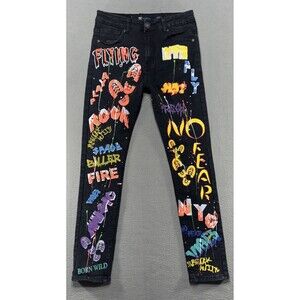 Waimea Jeans Youth Sz 18 Black Skinny Grunge Paint‎ Graphic Graffiti Gothic Emo